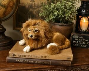Vintage Real Fur Lion Figurine Handmade Lifelike Plush Sculpture 8” Decor
